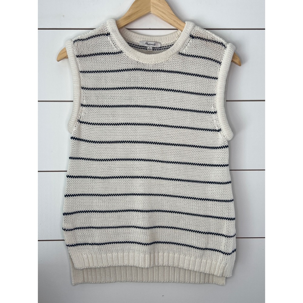 Madewell Striped Sweater Vest Cream Navy Cotton Linen Blend Small Cottagecore